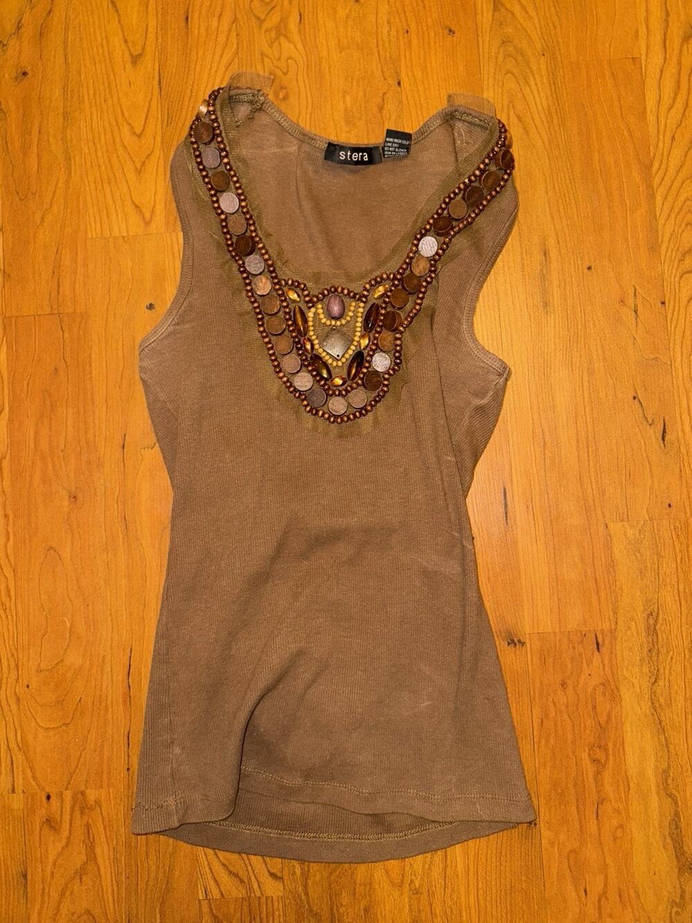Stera Women’s Brown Wood Bead Tank Ribbed y2k boho Small Unique